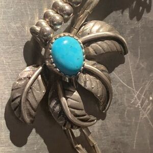 Vintage Native American 18” Turquoise Silver Floral Leaf Necklace